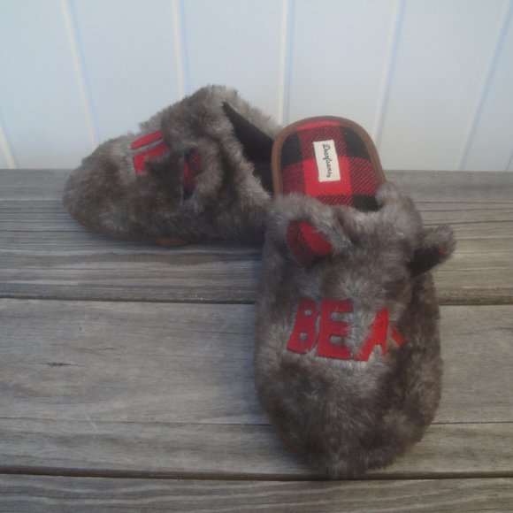 Dearforms Brown with Red "Lil Bear"Faux Fur Scuff Kids slippers w/ ears Size 3-4 - Picture 4 of 9